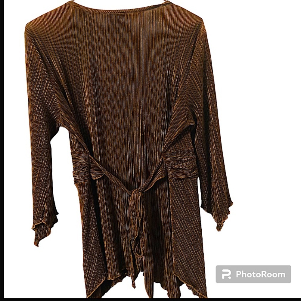 JTB Feminine Brown Micro Pleated V Neck Long Sleeves Babydoll Vintage Blouse. - Picture 2 of 6